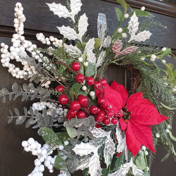 Christmas Handmade Red Flower Silver Wreath Home Office Decor Door Wall Hanger - Picture 3 of 8